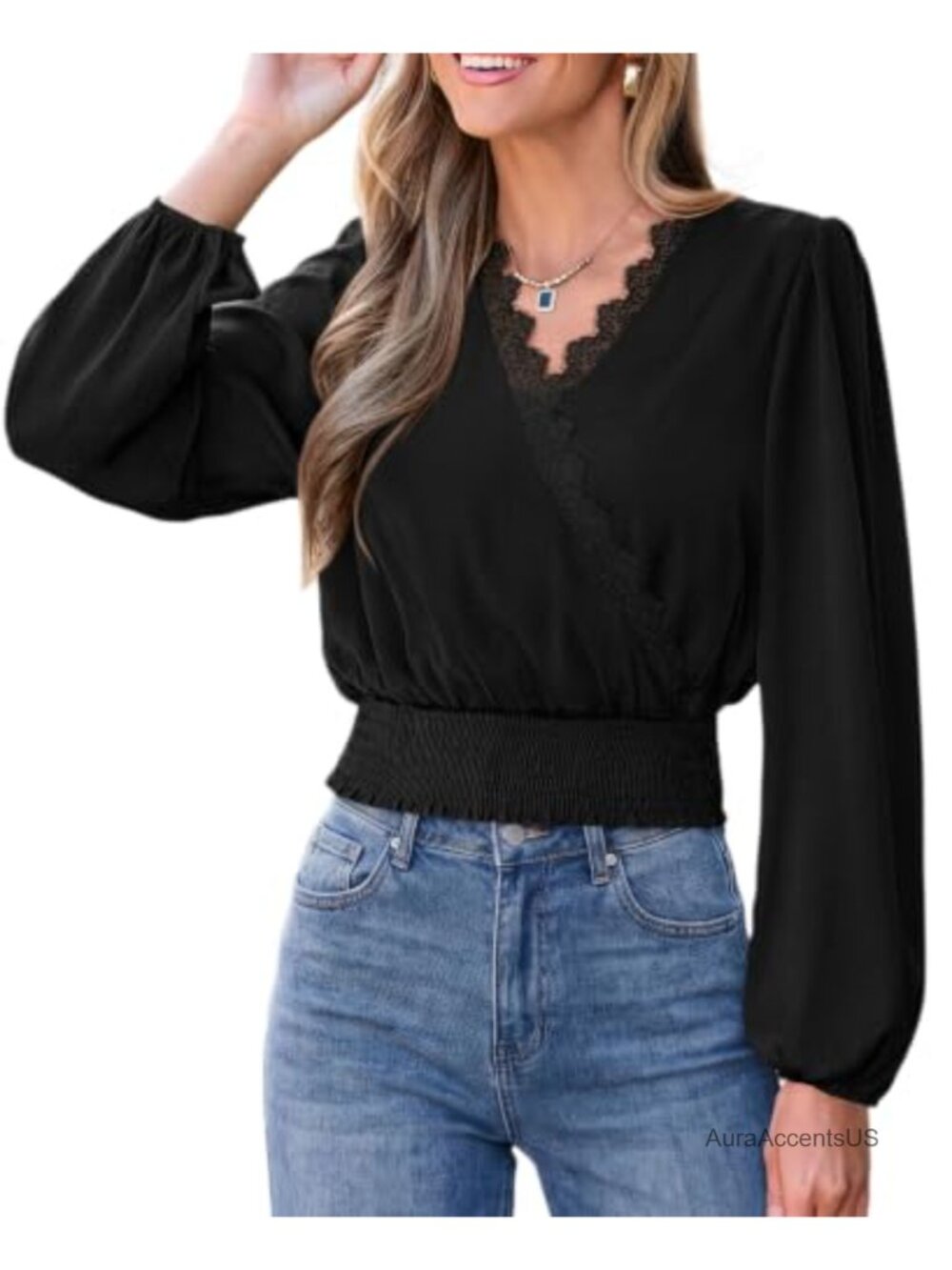 Women's Long Sleeve V-Neck Wrap Blouse Business Casual Lace Trim Smocked Waist